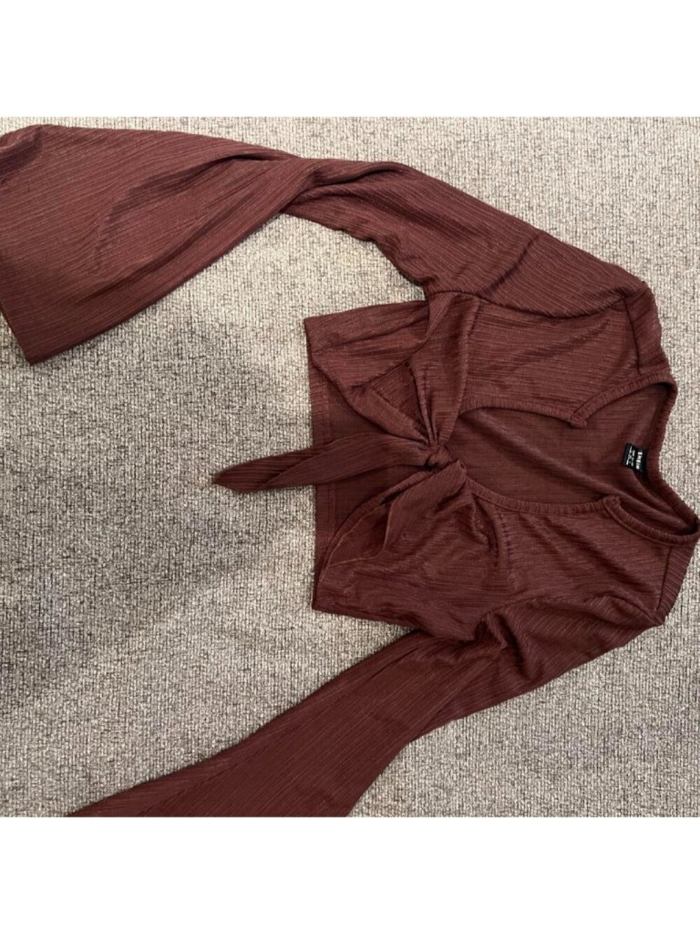 SHEIN brown long sleeve crop top with tie front detail and bell sleeved in a S